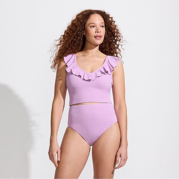 Land's End Two Piece Pique Ruffle Midkini Hi waist bottoms Wild Lilac size Med - Picture 3 of 10